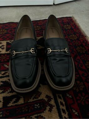 Women Black Leather Bit Loafers with Horsebit Gold Accept